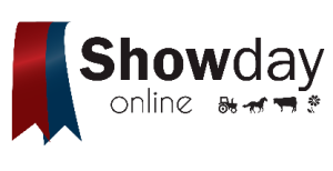 Logo for Showday Online with a dark blue and red ribbon, and some show feature icons